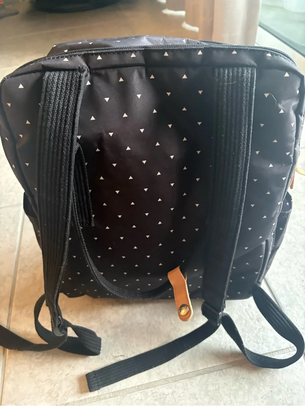 Petunia Pickle Bottom Black Backpack with White Triangle Print and Tan Accents